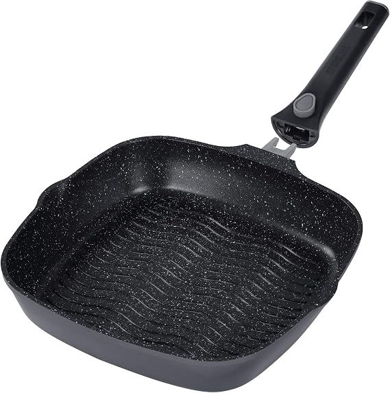 STONELINE Smart Grill Pan 28 cm Redesign 25/26 Large Steak Pan Cast Aluminium Removable Handle Induction Pan All Hob Types Non-Stick Coating with Real Stone Particles Grey