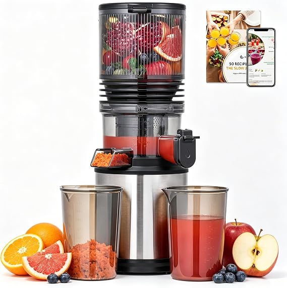 AMZCHEF Cold Press Juicer, Self-Feeding Juicer with 160mm Wide Chute & 2L Hopper for Whole Fruits and Vegetables, Powerful DC Motor & Triple Filter, High Juice Yield, Easy to Clean, Stainless Steel