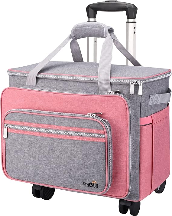 Foldable Deluxe Rolling Sewing Machine Carrying Case - Sewing Machine Carrying Case with Wheels for Brother, Singer, Bernina and Most Machines (Pink Grey)