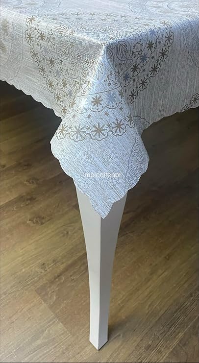 Kalın astarlı osmanlı desen kenarlı volanlı dalgalı kesim silinebilir pvc muşamba masa örtüsü (Bej, 100 x 140)