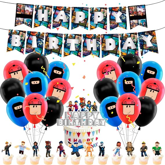 Gamer Party Decorations, Party Tableware Set - 44Pcs Birthday Decorations, Birthday Party Supplies, Happy Birthday Banner, Latex Balloons, Cake Toppers for Boys Kids Birthday Party