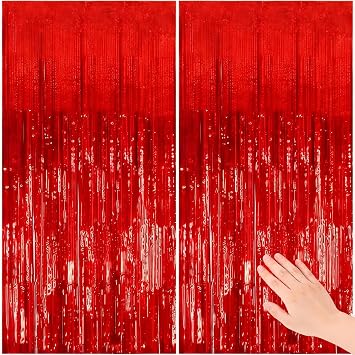 VANTIYAUS 2 Pack Red Tinsel Foil Fringe Curtain Backdrop, Foil Curtain for Birthday Wedding Shower Bachelorette Christmas Holiday Celebration Party Decorations