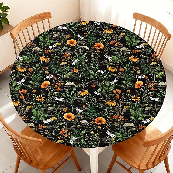 Fitted Round Tablecloth with Elastic Edge 36 in, Outdoor Table Cloth Waterproof & Stain Resistant, Non-Slip Table Cover for Kitchen/Dining Table/Garden-Wildflower Garden