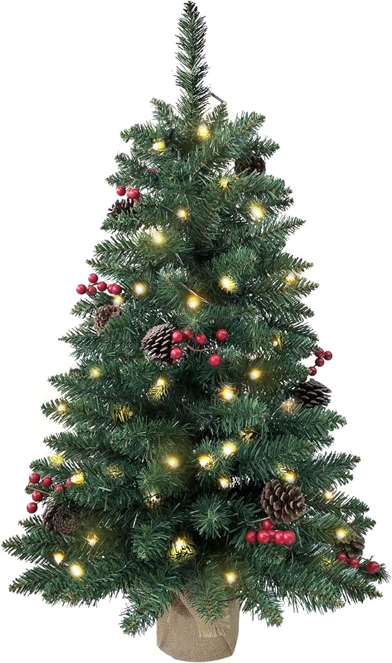 Pre-lit Mini Christmas Tree 90cm/3ft,121 Branches Tips Artificial Pine Xmas Tree with 70 LED Lights & 11 Red Berry & 11 Pinecone Burlap Base Decorate for Tabletop
