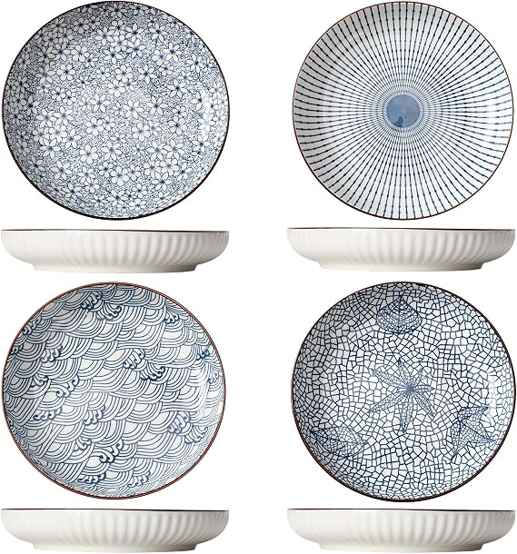Ceramic Deep Dinner Plates Set of 4 Patterned,8 Inch Ceramic Dessert Plates,Salad Plates Set,Dinnerware Set for Pasta Bowls,Ramen Microwave & Dishwasher Safe