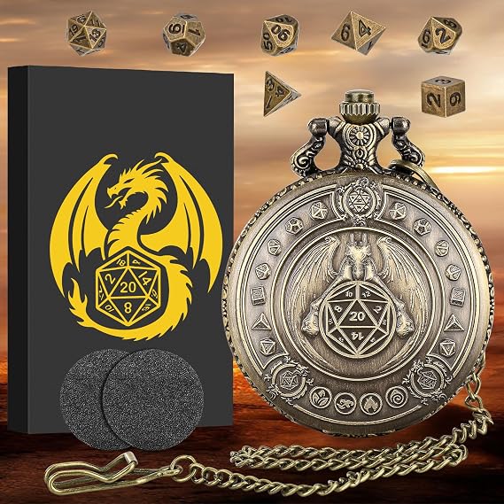 Mini DND Dice Set with Flying Dragon Holding Dice Pocket Watch Shell Case, 7pcs Polyhedral Metal Dice Set, D&D Starter Set, DND Gifts with Gift Box, Role Playing Board Games Accessories, Bronze
