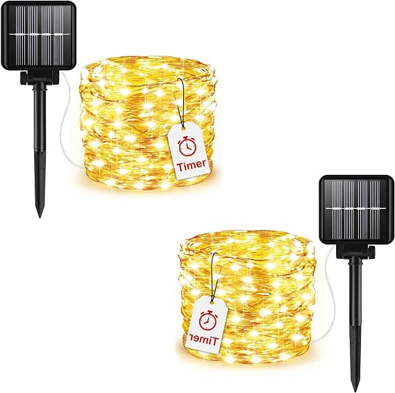 2 Pack Solar Lights Outdoor, 8M 60LED Solar Garden Light 8 Mode Waterproof Copper Wire Decorative String Lights for Patio, Trees, Party(Warm White) [Energy Class A]