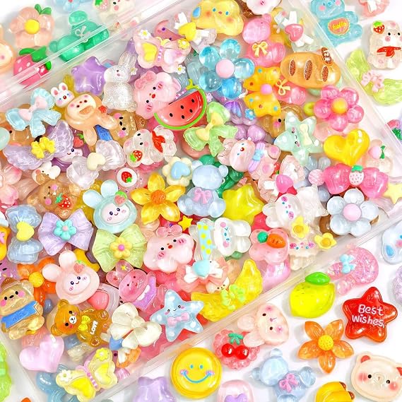 PLUSHCEWT 100 Pcs Mixed Slime Charms Set,Cute Flatback Resin Charms for DIY Crafts,Slime Accessories​ & Resin Accessories for Scrapbooking,Junk Case Charms,Phone Charm Crafting & DIY Decoration