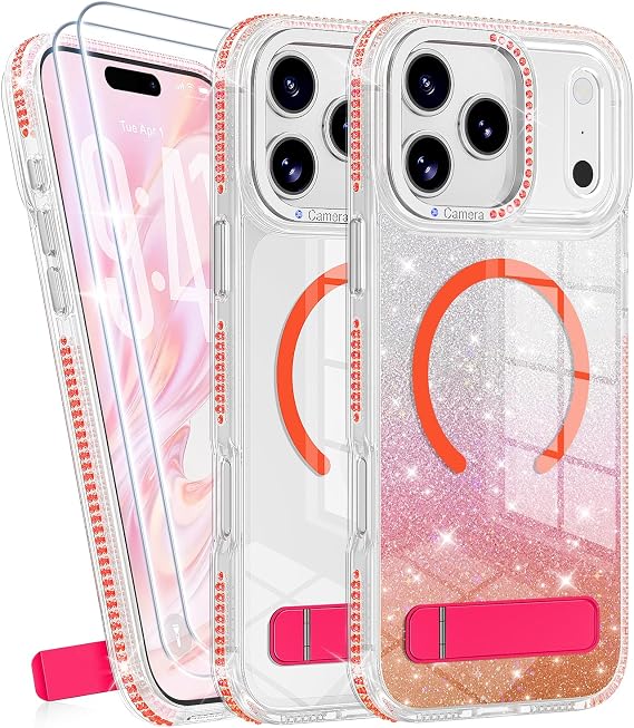 JAME iPhone 17 Pro Max用ケース インビジブルスタンド付き、スクリーンプロテクター2枚、MagSafe対応 黄変防止 クリア グリッター ガーリー 耐衝撃 保護 17 Pro Max ケース かわいい 女性用 女の子用、オレンジ-レッド