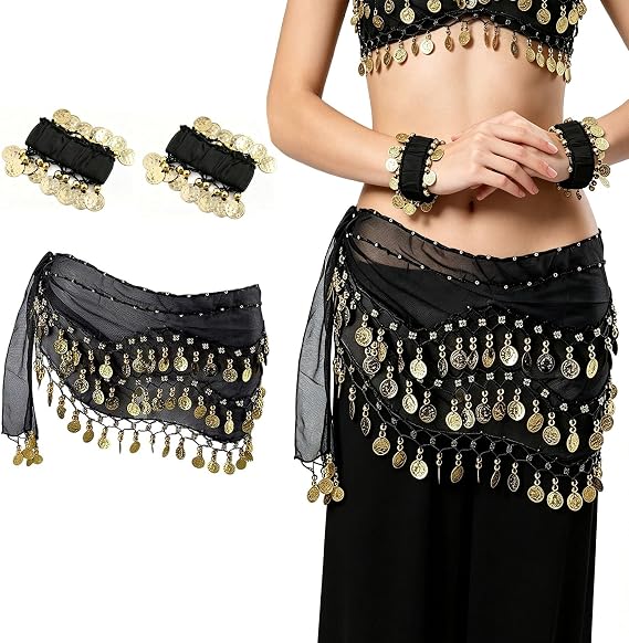 Belly Dance Hip Scarf with Bracelets - Chiffon Wrap for Performance & Yoga