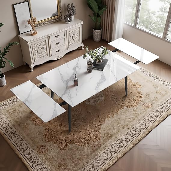 KAANAA Modern Extending Dining Table 6 to 10 Seater Kitchen Table Marble Effect Dining Room Table for Dining Room Kitchen White Extendable from 160-240cm