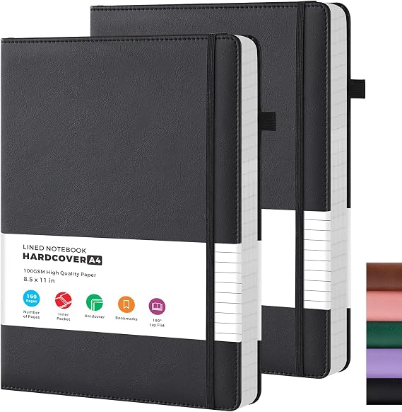 Notebook Journal A4, 2 Pack Black A4 Lined Notebook Hardback, 100GSM Thick Paper, No Bleed, PU Leather Large Notepads for Men/Women Work, for Office School Supplies, 21.5 x 28 cm