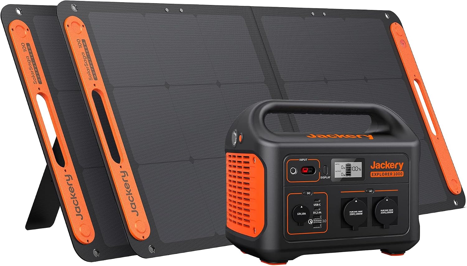 Jackery Solar Generator 1000 1002WH Portable Power Station with 2 x SolarSaga 100 W Solar Panels 2 x 230 V 1000 W AC Socket Mobile Power Supply