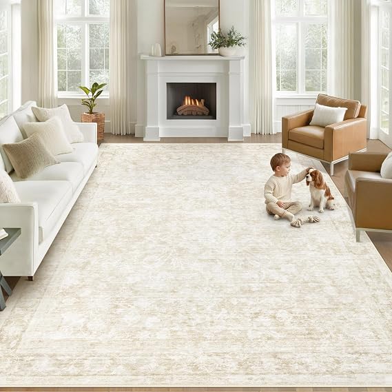 Bedroom Rugs Washable Large Area Rugs 8x10 Foldable Low Pile Print Non-Slip Boho Pattern Rugs for Bedroom Living Room Dining Home Office Beige, 8ftx10ft
