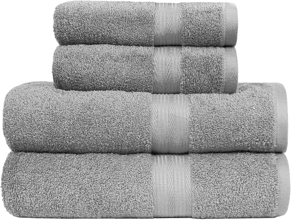 Amazon Basics 100% Cotton Full Bath Towel Set, 2 Bath Towels + 2 Hands, Grey, Pack of 4