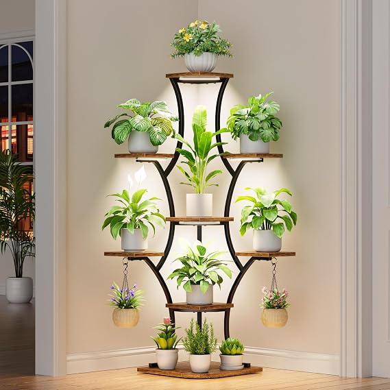 BACEKOLL Corner Plant Stand With Grow Lights - 52.7" Indoor Plant Shelf, Corner Plant Stand For Indoor Plants, 8 Tiered Lighted Flower Holder, Tall Display Rack For Living Room, Hallway, Home Decor