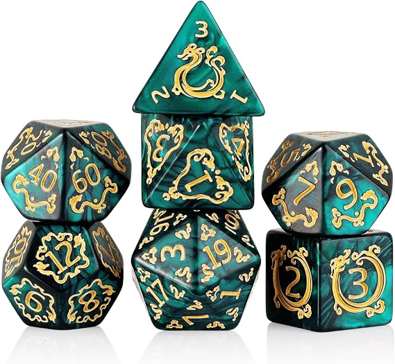 Dnd ダイスセット - 多面体ロールプレイングサイコロ7個 ゴールドドラゴンデザイン アクリルd&dダイス ダンジョンズ&ドラゴン、パスファインダー、ウォーハンマー、rpgゲームに最適 グリーン
