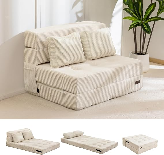 MAXYOYO Folding Foam Sofa Bed, Tri-Fold Mattress with 2 Pillows, Convertible Sofa Chair Futon Z Bed with 15cm Thincken Foam, Portable 3 in 1 Floor Couch