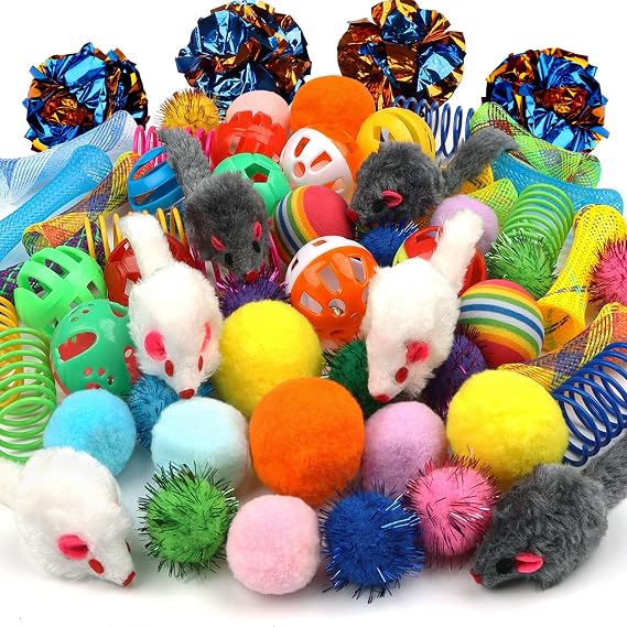 QUOZUO Kitten Toys, 60PCS Cat Balls Springs toy Set, Sparkle Ball, Cat Mouse Toy, Cat Crinkle Balls, Cat Springs, Cat Ball Toy, Furry Cat Toys Balls Pom Pom Balls