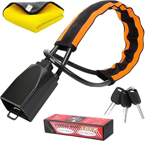 Steering Wheel Lock, Reflective Strips Titan Lock with 3 Keys, Anti-Theft Steering Lock Device, Car Steering Wheel Locks Suitable for Cars, SUV, Jeep, Van, RV with Microfibre Cleaning Cloth