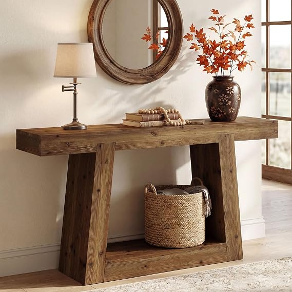 Tribesigns TRIBEWOOD Solid Wood Console Table, Farmhouse Sofa Table with Storage, Rustic Skinny Entryway Table for Hallway, Living Room, Narrow Entrance, Dark Brown