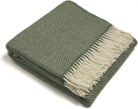 Tweedmill Pure Virgin Wool Blanket Herringbone Pattern Olive Green