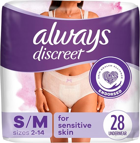 Always Discreet for Sensitive Skin Underwear, Four Times Skin Protection, Dermatologically Tested, Fragrance-Free, Maximum Absorbency, Small/Medium, 28 Count