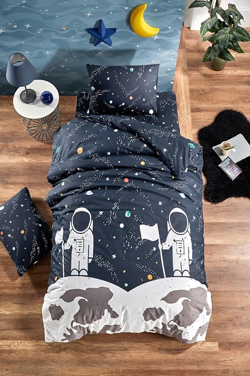 Çarşafı Lastikli Doğal Sağlıklı Pamuk Astronot Uzaylı Çocuk Nevresim Takımı Tek Kişilik, Lacivert