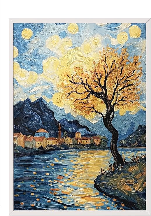 Zestia Beyaz Çerçeveli Tablo, Van Gogh Yıldızlı Gece Köprü Yorumu, Salon Dekoru Poster No: 108452 50 x 70