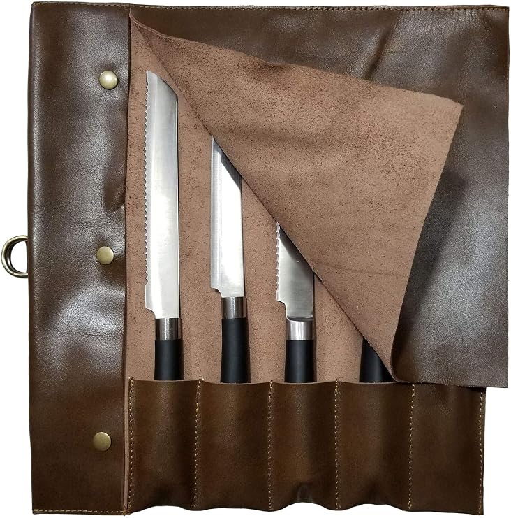 Professional Chef Lightweight Genuine Premium Antique Brown Leather Chef Knife Bag/Knife Roll 5 Pockets Space *KB06
