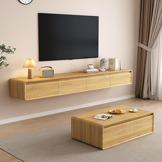 Floating TV Unit - Wall Mounted Media Console with 2 Flip-Down Doors & 2 Drawers Entertainment Center TV Cabinet, Video Shelf for Home Room (Wood, 240CM)