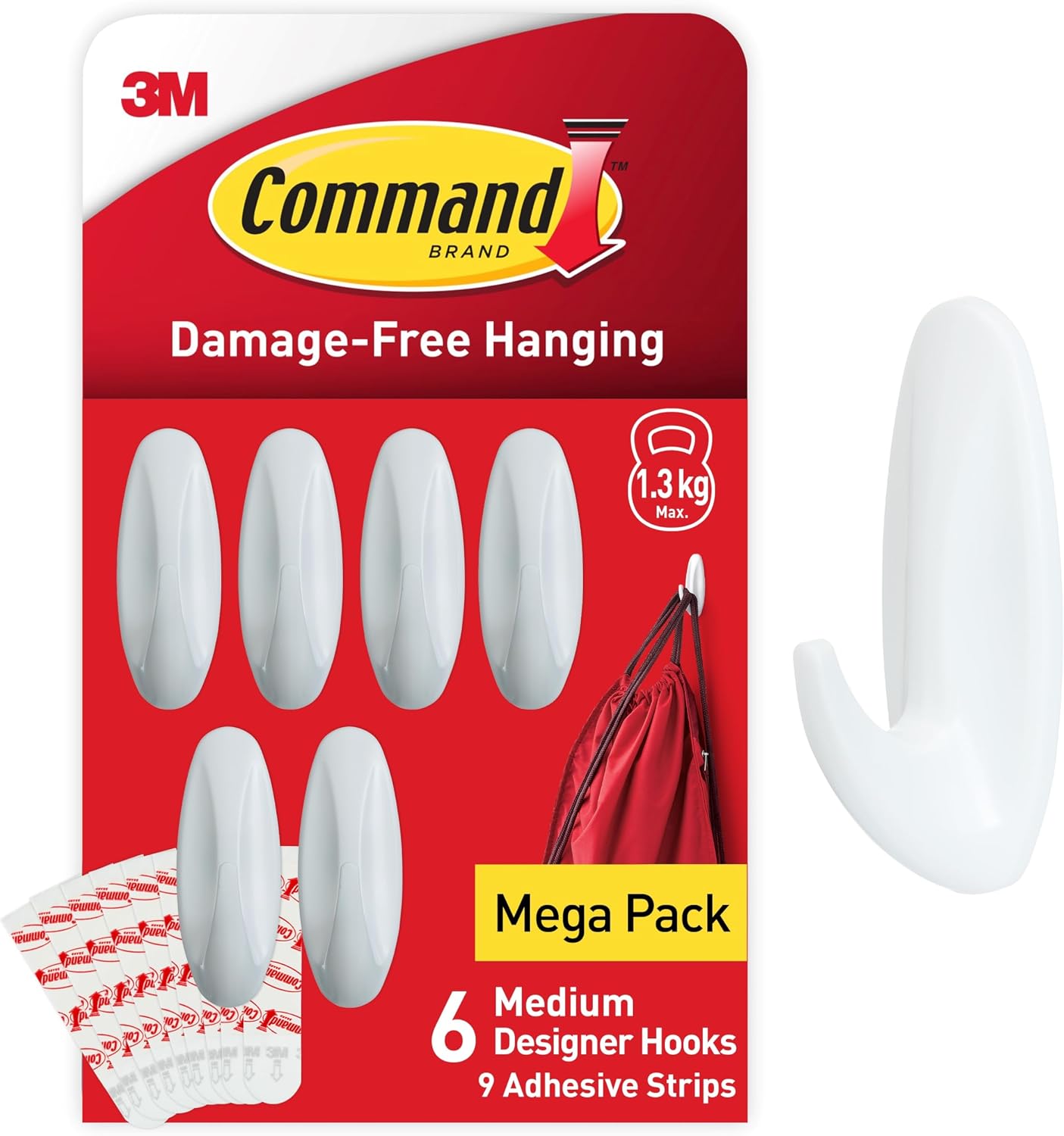 Command Medium Designer Hooks, White - Pack of 6 Hooks and 9 Adhesive Strips - Damage Free Hanging - Holds up to 1.3kg