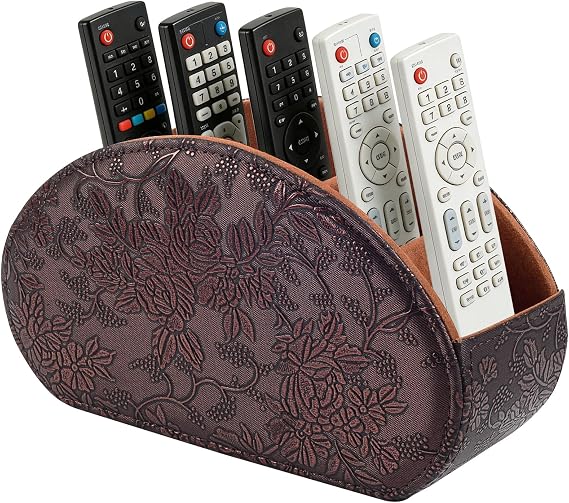 Remote Control Holder with 5 Compartments,PU Leather Multi-functional Desk Organizer for TV Remote,Office Supplies,Makeup Brushes,Pen,Stationery Storage Caddy (Retro, 5)