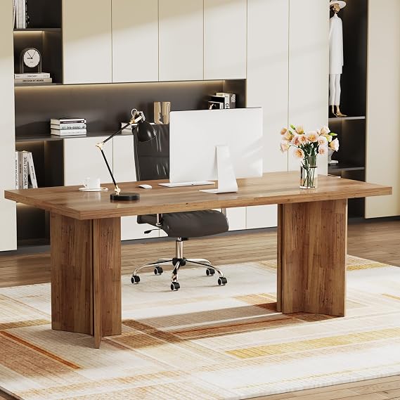 Tribesigns 63-inch Executive Desk, Vintage Home Office Computer Desk with Large Tabletop, Farmhouse Wood Writing Conference Table Workstation for Office, Study, Walnut Brown