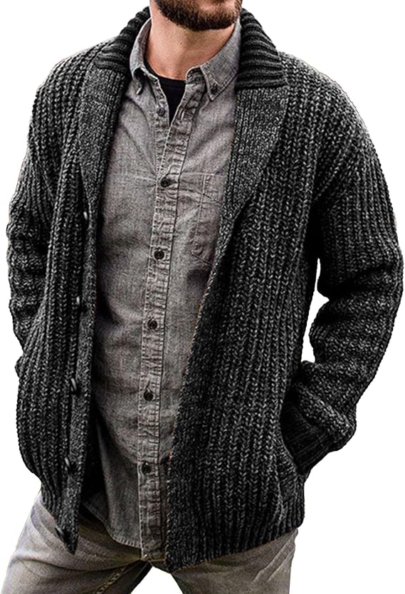 Men's Thick Knitted Sweater Jacket Classic Long-Sleeve Men Knit Sweaters Coat Shawl Collar Button Knits Cardigans