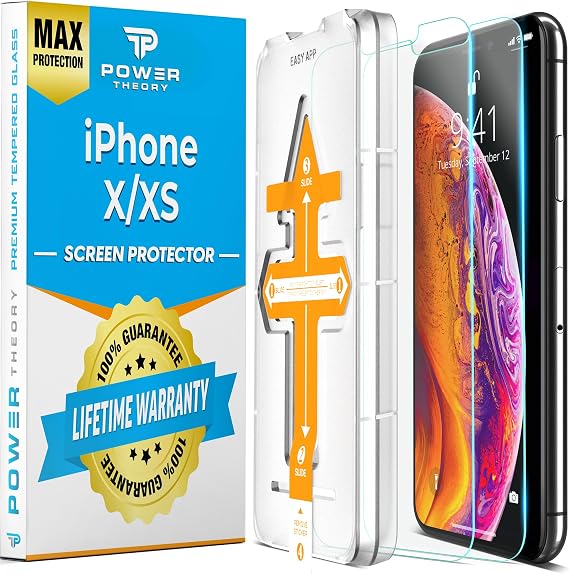 Power Theory Screen Protector for iPhone X/iPhone Xs [2-Pack] with Easy Install Kit [Premium Tempered Glass]