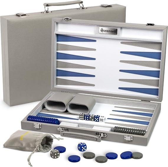 Backgammon Set for Adults, Luxury Premium Leather Backgammon Board Game with PU Leather Case, Acrylic Chips, Dice Shakers – Elegant Grey Backgammon Game Set