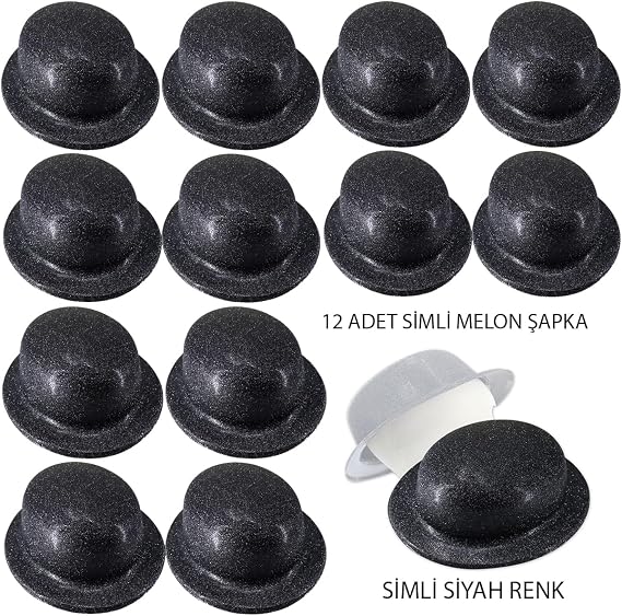 Siyah Renk Simli Melon Yuvarlak Parti Şapkası 12 Adet