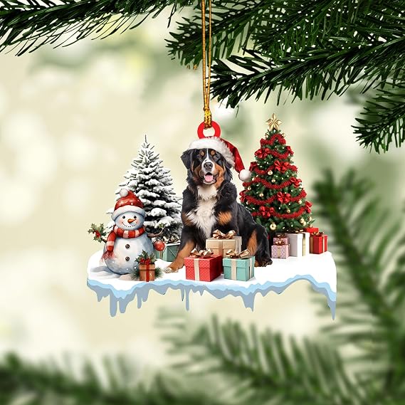 Talataca バーニーズマウンテンドッグ2Dフラットクリスマスオーナメント、Perro De MontañaBernésギフトボックス松の木の装飾、ハンギングハウスチャームイブ記念品、車のバックミラーアクセサリー、クリスマスギフト