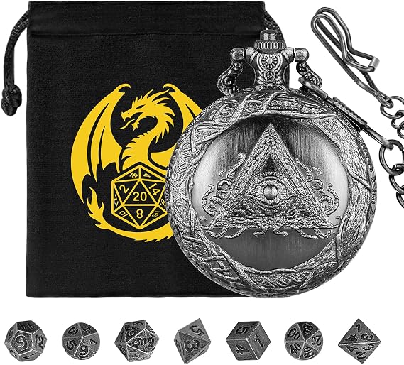 Mini DND Dice Set with Steampunk Triangular Eye Pocket Watch Shell Case 7-Piece Polyhedral Metal D&D Dice DND Gift Bag with Dragon Logo Role Play Board Game Accessories Dark Silver