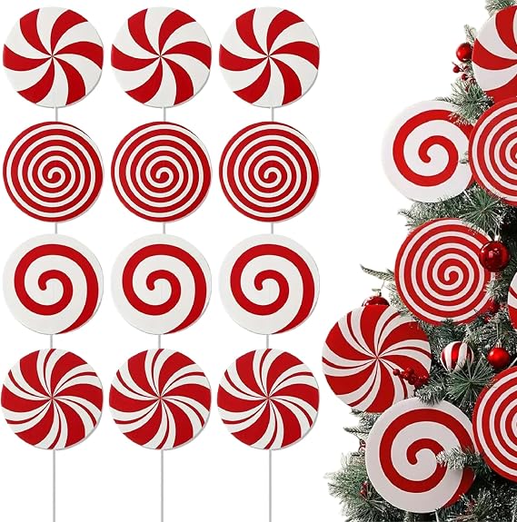 Candy Cane Christmas Decorations, 12Pcs 7.9" Large Candy Cane Ornaments Picks, Peppermint Christmas Decorations for Tree Topper Home Office Party Tree Picks