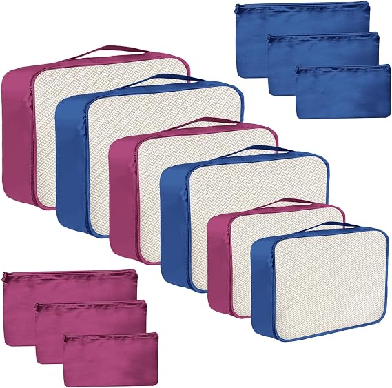 12 Piece Packing Cubes, Multi Coloured Packing Cubes for Suitcases, Mesh & Flat Zip Bags, Large Medium Small Sizes, Lightweight Travel Cubes for Luggage Storage (12, Navy Burgundy)