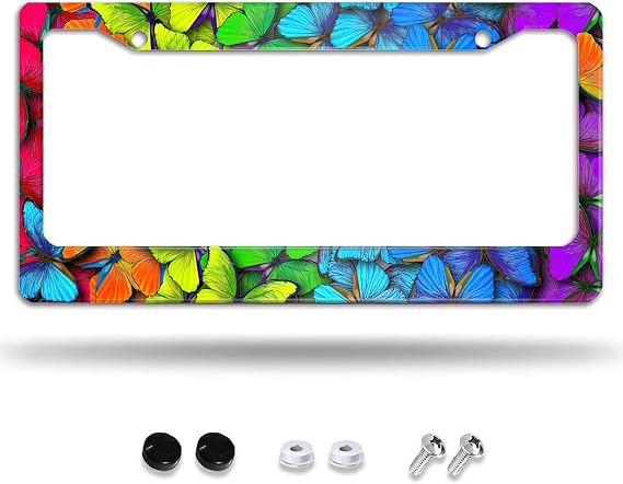 Rainbow Butterflies Number Plate Cover, License Plate Frame, Decorative Car Aluminum Decor Car Tag Frames for MenWomen with Screw Caps Car Accessories 2 Holes US Canada Standard 12''X6''