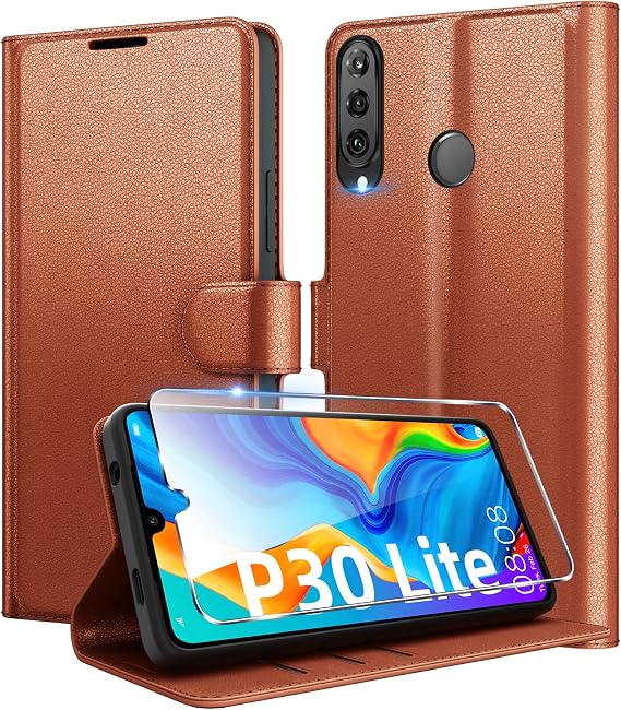 Mobile Phone Case for Huawei P30 Lite Premium PU Leather Wallet Card Slot Stand Function Protective Case Shockproof Flip Case with 1 Screen Protector Brown
