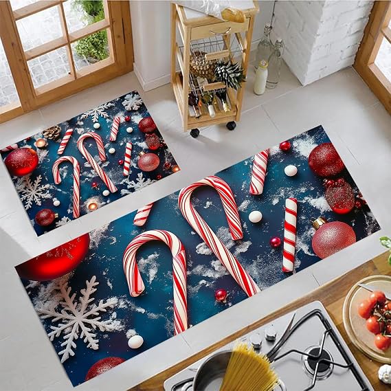 Snowflakes Candy Canes Kitchen Floor Mats, 2 Pcs Stain-Resistant Set, Absorbent Quick Drying, Non-Slip Kitchen Carpets Rugs, Christmas Theme Runners Mat (Dark Blue, 40X60Cm+40X120Cm)