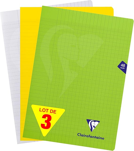 Clairefontaine 293101AMZC – Pack of 3 Stapled Notebooks – Mimesys – A4 (21 x 29.7 cm) – 48 Pages – Large Squares – White Paper 90 g – Random Colour (Green – Yellow – White)