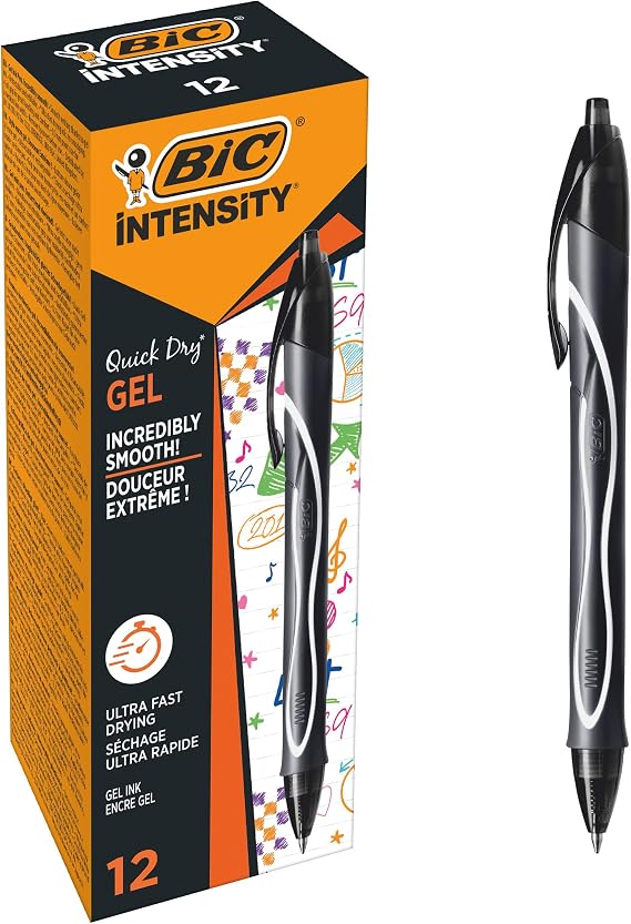 BIC Gel-ocity Quick Dry Hizli Kuruyan Jel Kalem 12'li Kutu Siyah, 0.7 mm Orta Kalınlıkta Uç, Hızlıca Kuruyan Jel Mürekkep