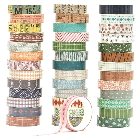 40 Rolls Thin Basic Washi Tape Set Cute Printed Patterns Masking Skinny Creative Decorative Tapes for Arts, DIY Crafts, Journals, Planners, Scrapbook, Wrapping (Retroism 2)