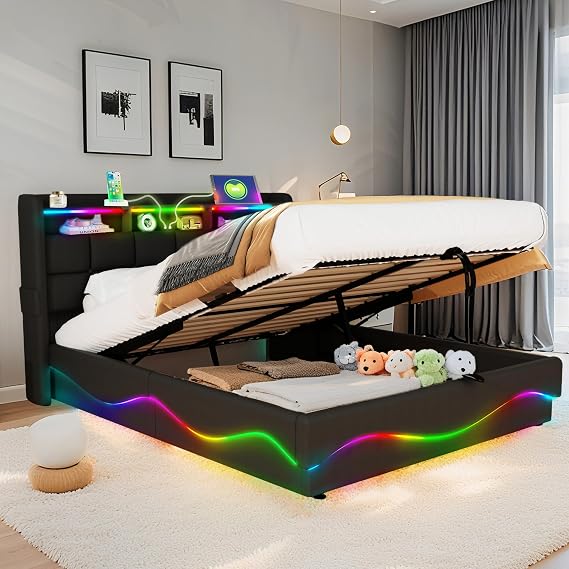 Bed Frame 160 x 200 cm with LED Lighting Leather Black
