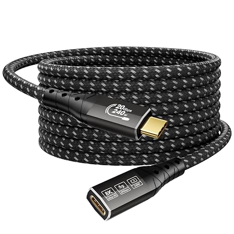ZIKNYDO USB C Extension Cord 5m, (USB 3.2 20Gbps Type C Extender, PD 3.1 240W 48V/5A), Video 8K@30Hz, 4K@144Hz/60Hz USBC Extension Cable for PSVR2, iPhone 16/15, iPad, MacBook, Dell XPS, Switch